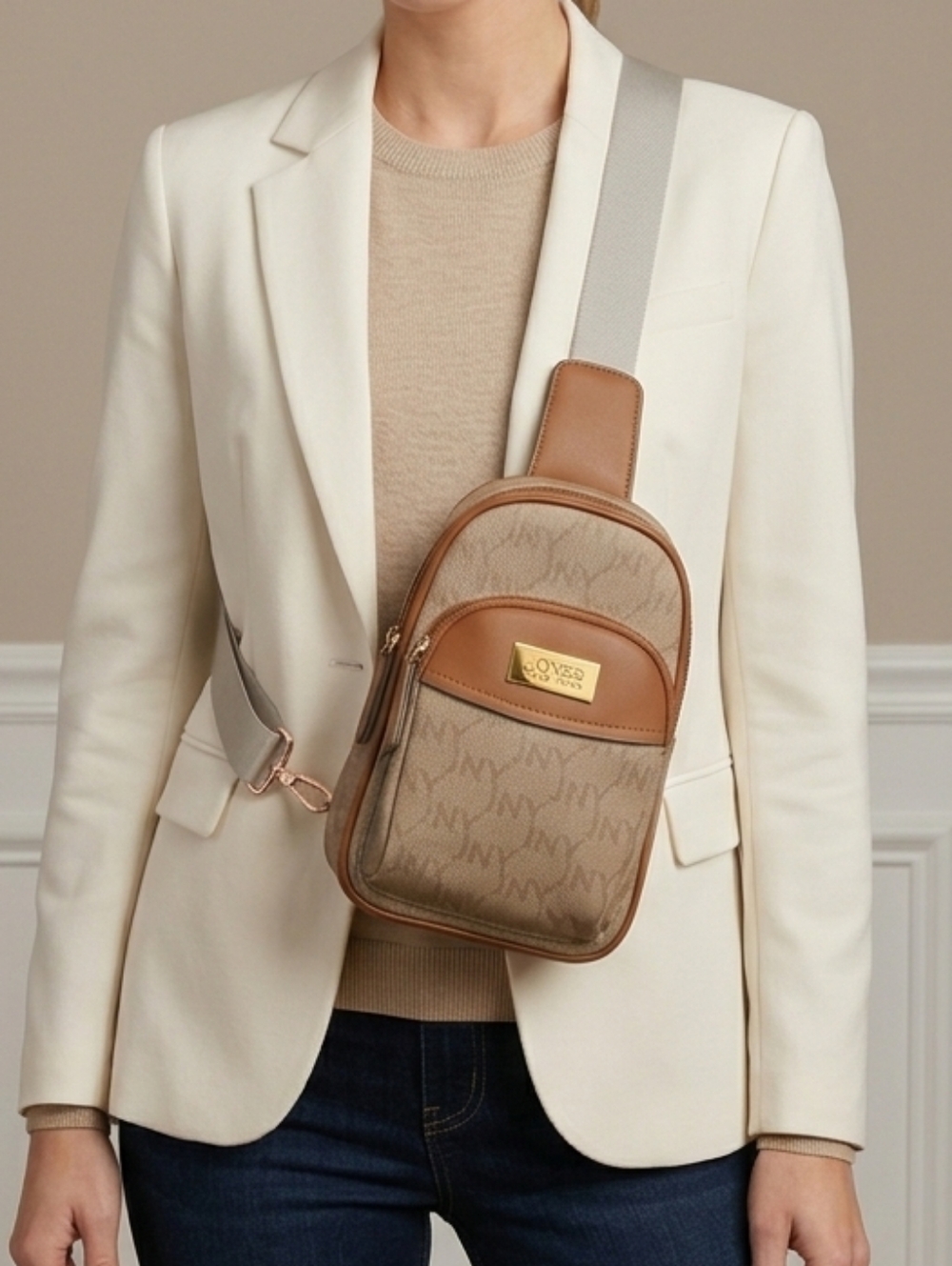 JONES NY Beige Brown Solid Adjustable Crossbody Bag Zip Closure for Women